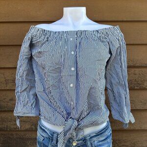 Blue & White Striped Off-The-Shoulder Blouse With Button Front & Tie Hem